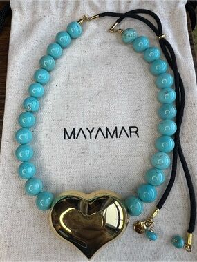 Adjustable Turquoise Beaded Heart 24k Gold Plated Necklace NWOT